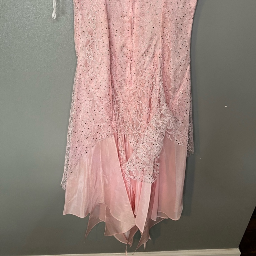Nuance x Vintage 80s Cinderella Pink Tiered Asymmetrical Lace Rhinestone Dress - Picture 7 of 13